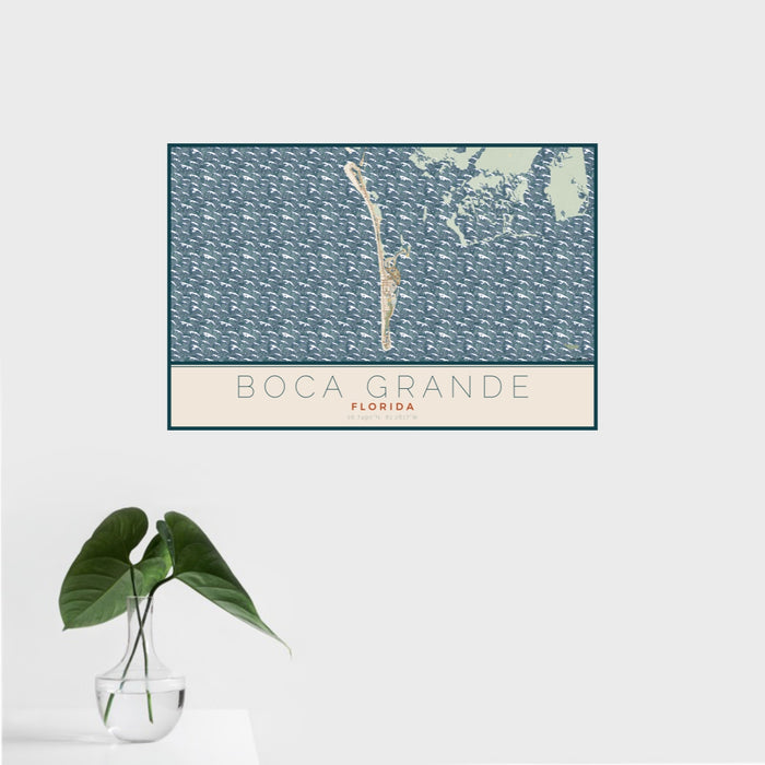 16x24 Boca Grande Florida Map Print Landscape Orientation in Woodblock Style With Tropical Plant Leaves in Water