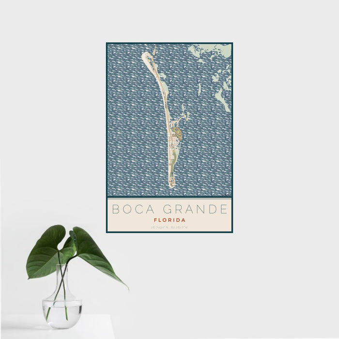 16x24 Boca Grande Florida Map Print Portrait Orientation in Woodblock Style With Tropical Plant Leaves in Water