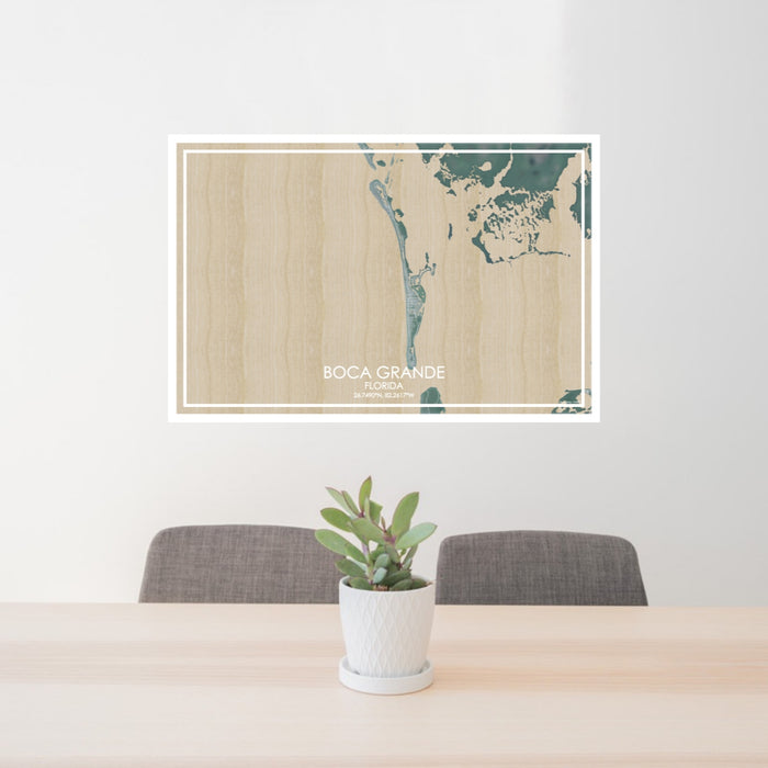 24x36 Boca Grande Florida Map Print Lanscape Orientation in Afternoon Style Behind 2 Chairs Table and Potted Plant