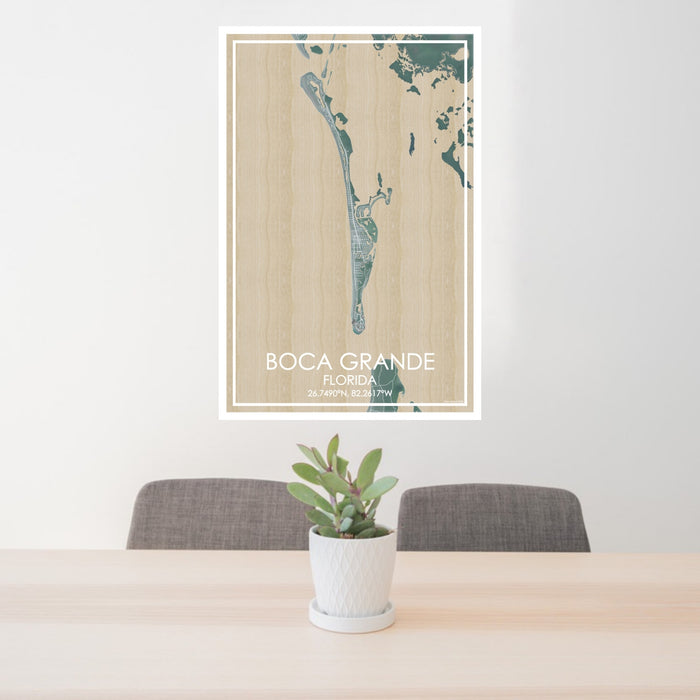24x36 Boca Grande Florida Map Print Portrait Orientation in Afternoon Style Behind 2 Chairs Table and Potted Plant