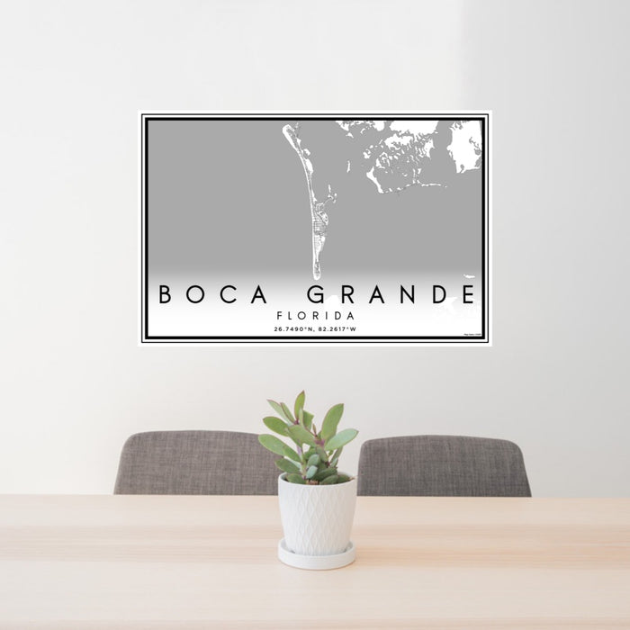 24x36 Boca Grande Florida Map Print Lanscape Orientation in Classic Style Behind 2 Chairs Table and Potted Plant