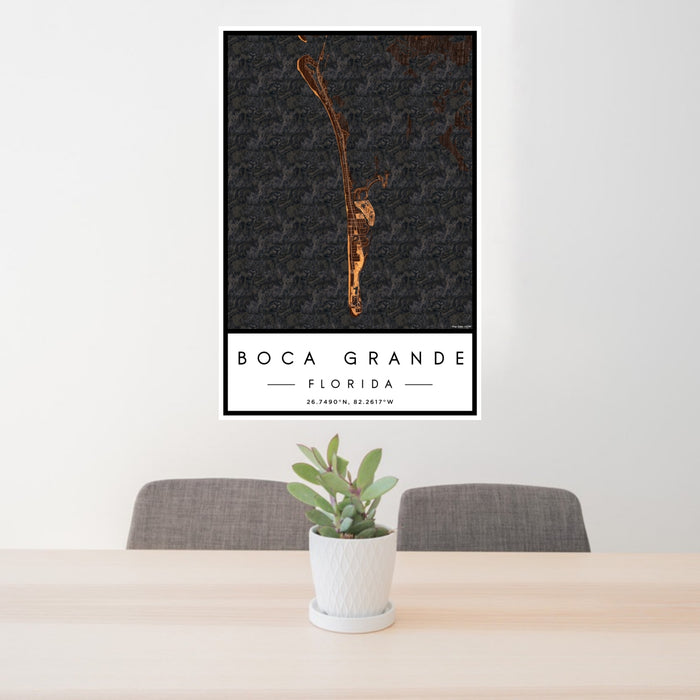 24x36 Boca Grande Florida Map Print Portrait Orientation in Ember Style Behind 2 Chairs Table and Potted Plant