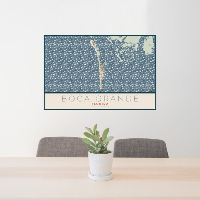 24x36 Boca Grande Florida Map Print Lanscape Orientation in Woodblock Style Behind 2 Chairs Table and Potted Plant
