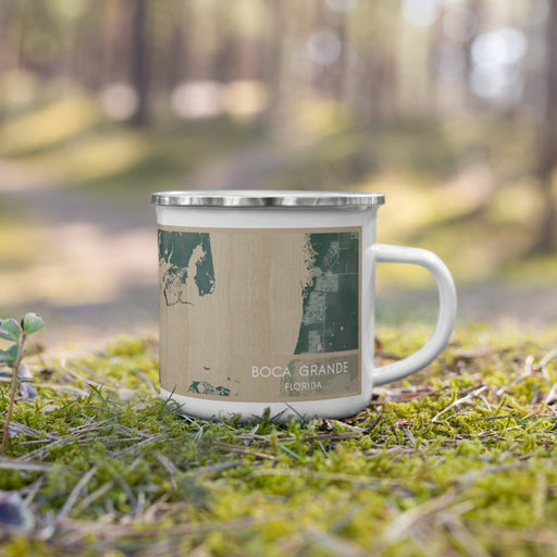 Right View Custom Boca Grande Florida Map Enamel Mug in Afternoon on Grass With Trees in Background