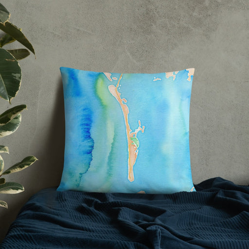 Custom Boca Grande Florida Map Throw Pillow in Watercolor on Bedding Against Wall