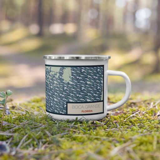 Right View Custom Boca Grande Florida Map Enamel Mug in Woodblock on Grass With Trees in Background