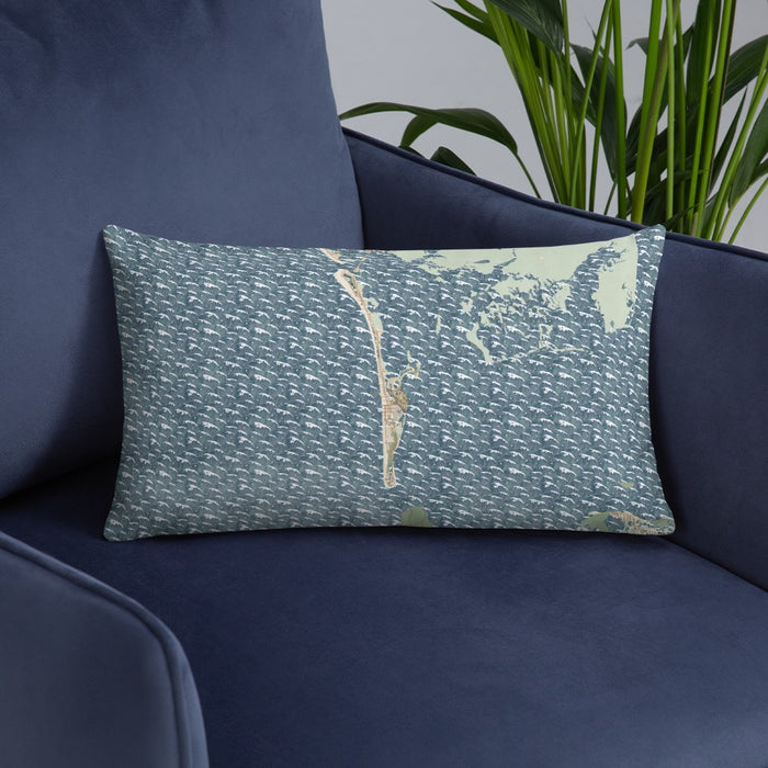 Custom Boca Grande Florida Map Throw Pillow in Woodblock on Blue Colored Chair
