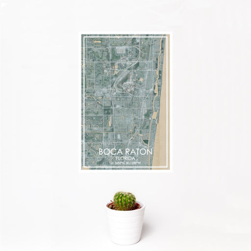 12x18 Boca Raton Florida Map Print Portrait Orientation in Afternoon Style With Small Cactus Plant in White Planter