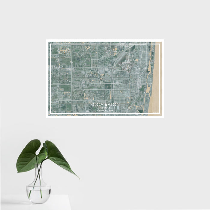 16x24 Boca Raton Florida Map Print Landscape Orientation in Afternoon Style With Tropical Plant Leaves in Water