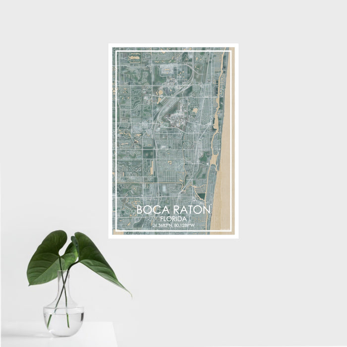 16x24 Boca Raton Florida Map Print Portrait Orientation in Afternoon Style With Tropical Plant Leaves in Water