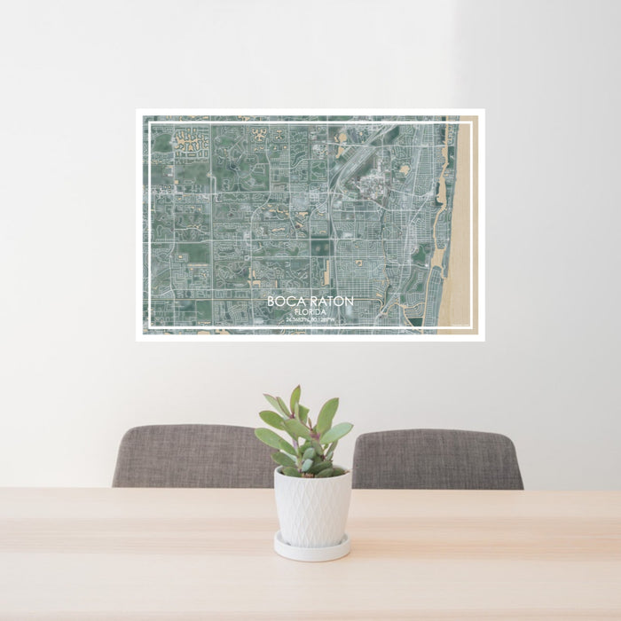 24x36 Boca Raton Florida Map Print Lanscape Orientation in Afternoon Style Behind 2 Chairs Table and Potted Plant