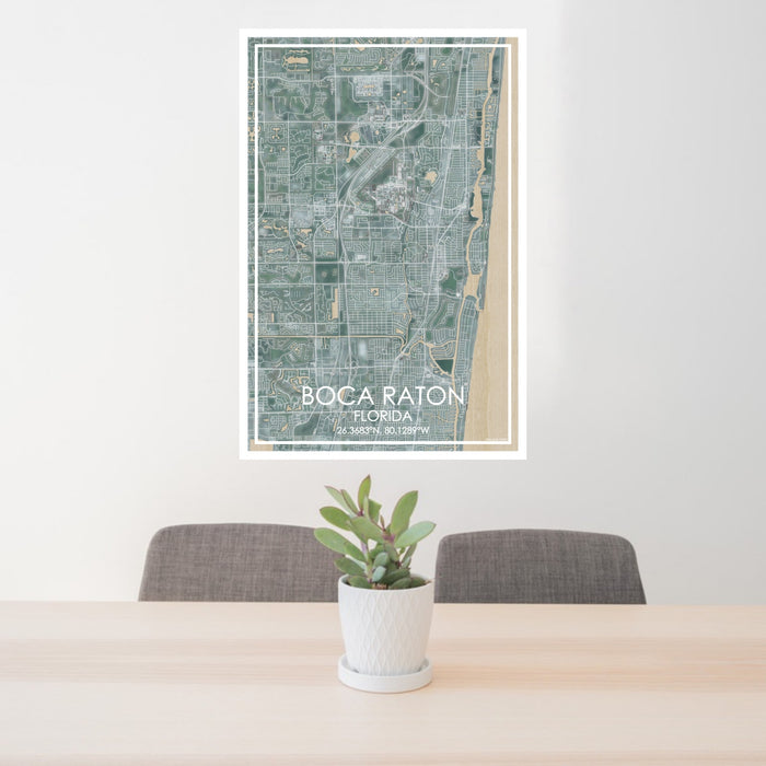 24x36 Boca Raton Florida Map Print Portrait Orientation in Afternoon Style Behind 2 Chairs Table and Potted Plant