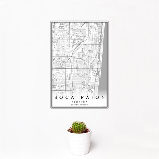 12x18 Boca Raton Florida Map Print Portrait Orientation in Classic Style With Small Cactus Plant in White Planter