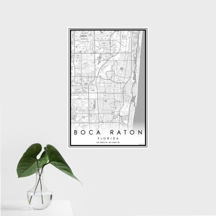 16x24 Boca Raton Florida Map Print Portrait Orientation in Classic Style With Tropical Plant Leaves in Water
