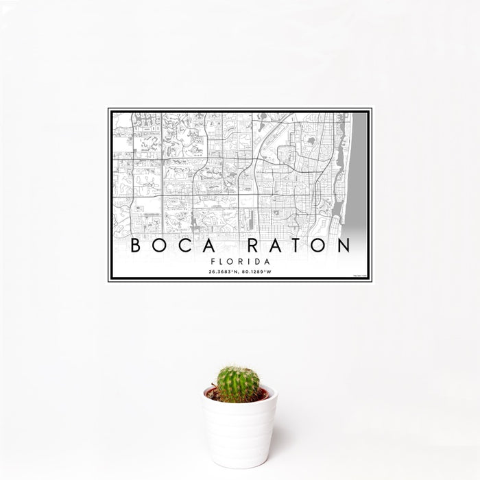 12x18 Boca Raton Florida Map Print Landscape Orientation in Classic Style With Small Cactus Plant in White Planter