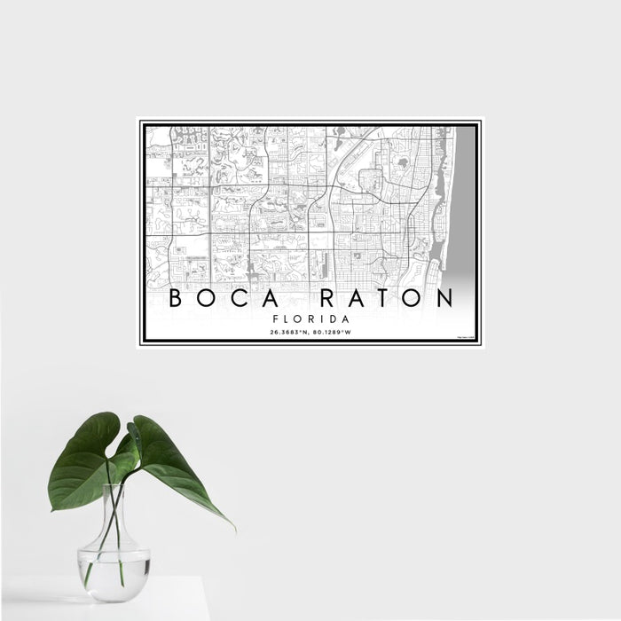 16x24 Boca Raton Florida Map Print Landscape Orientation in Classic Style With Tropical Plant Leaves in Water