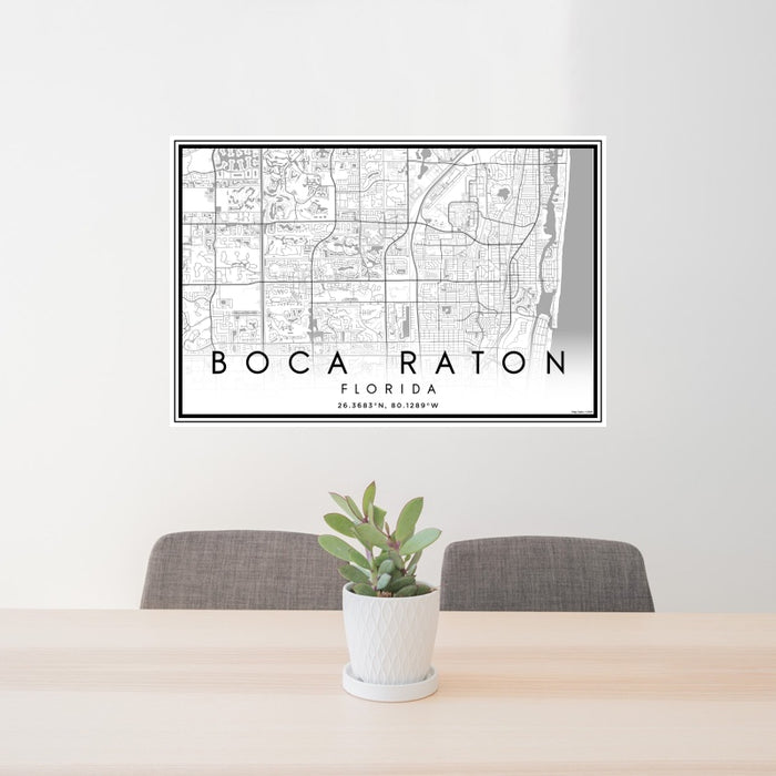 24x36 Boca Raton Florida Map Print Landscape Orientation in Classic Style Behind 2 Chairs Table and Potted Plant