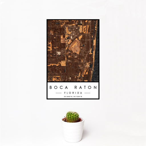 12x18 Boca Raton Florida Map Print Portrait Orientation in Ember Style With Small Cactus Plant in White Planter