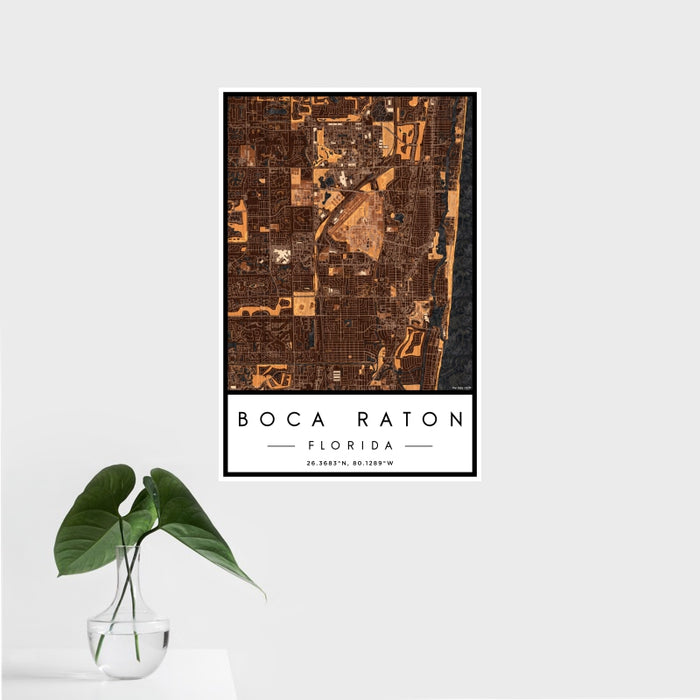 16x24 Boca Raton Florida Map Print Portrait Orientation in Ember Style With Tropical Plant Leaves in Water