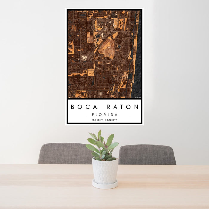 24x36 Boca Raton Florida Map Print Portrait Orientation in Ember Style Behind 2 Chairs Table and Potted Plant