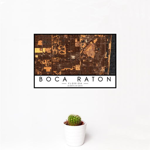 12x18 Boca Raton Florida Map Print Landscape Orientation in Ember Style With Small Cactus Plant in White Planter