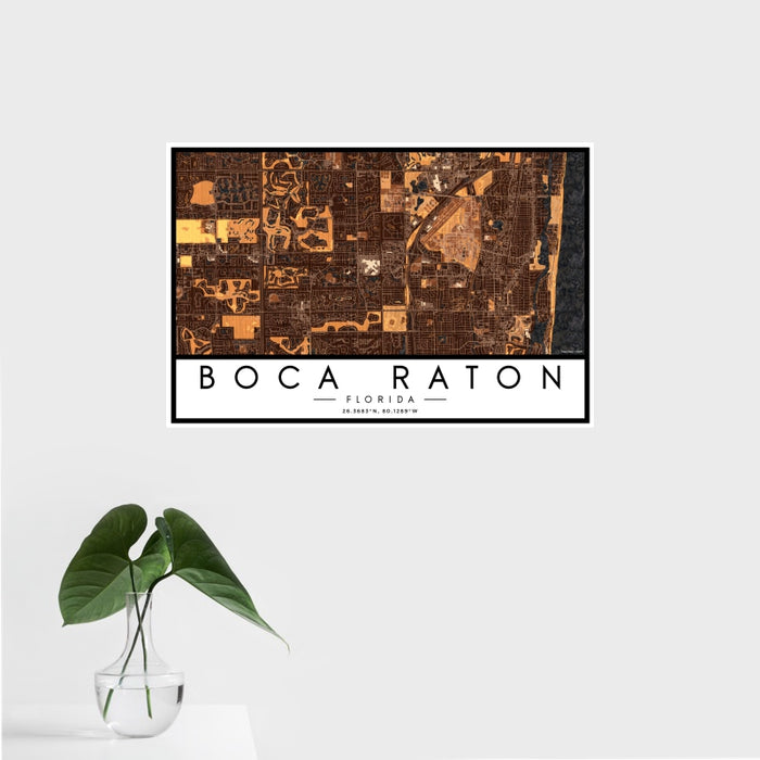 16x24 Boca Raton Florida Map Print Landscape Orientation in Ember Style With Tropical Plant Leaves in Water