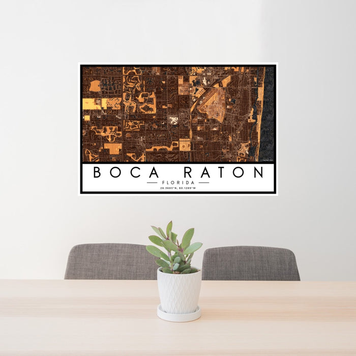 24x36 Boca Raton Florida Map Print Landscape Orientation in Ember Style Behind 2 Chairs Table and Potted Plant