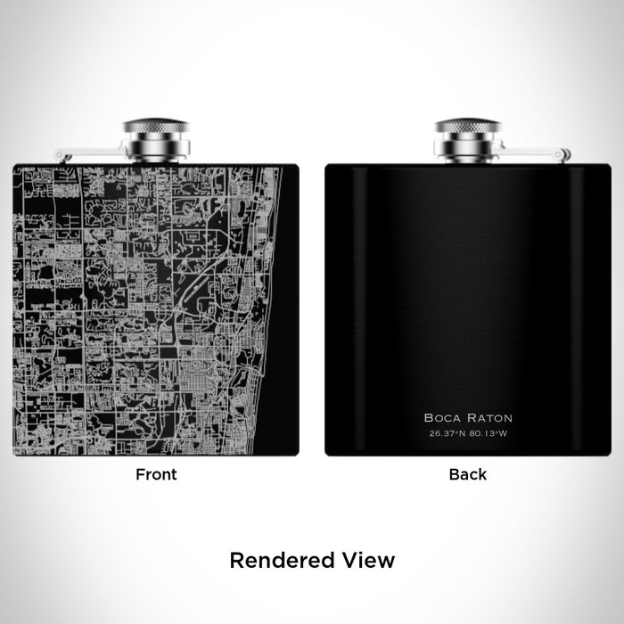 Rendered View of Boca Raton Florida Map Engraving on 6oz Stainless Steel Flask in Black