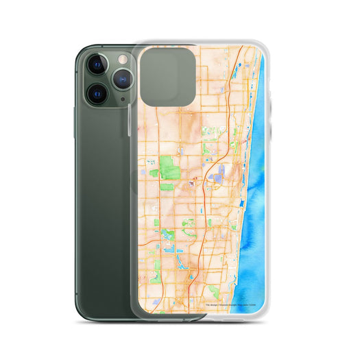 Custom Boca Raton Florida Map Phone Case in Watercolor on Table with Laptop and Plant