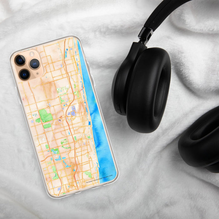 Custom Boca Raton Florida Map Phone Case in Watercolor on Table with Black Headphones