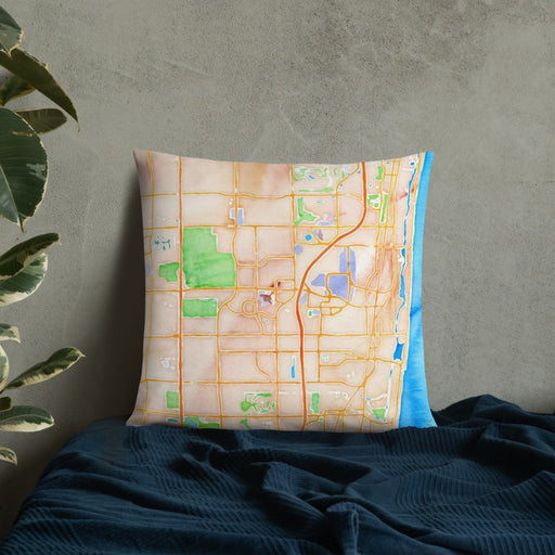 Custom Boca Raton Florida Map Throw Pillow in Watercolor on Bedding Against Wall