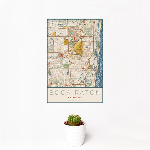 12x18 Boca Raton Florida Map Print Portrait Orientation in Woodblock Style With Small Cactus Plant in White Planter