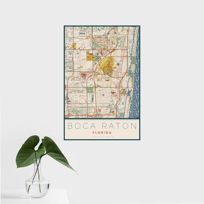 16x24 Boca Raton Florida Map Print Portrait Orientation in Woodblock Style With Tropical Plant Leaves in Water