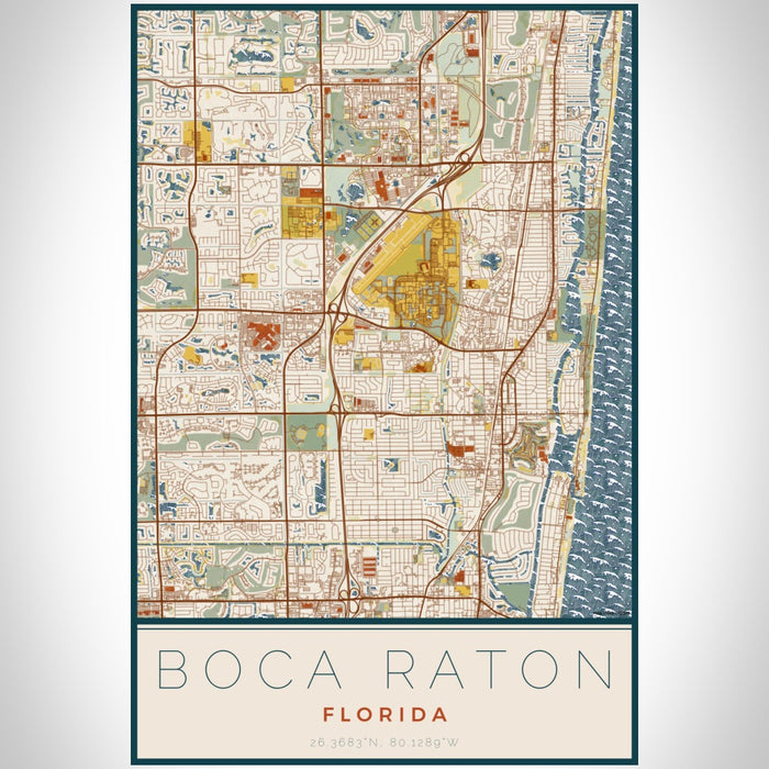 Boca Raton Florida Map Print Portrait Orientation in Woodblock Style With Shaded Background