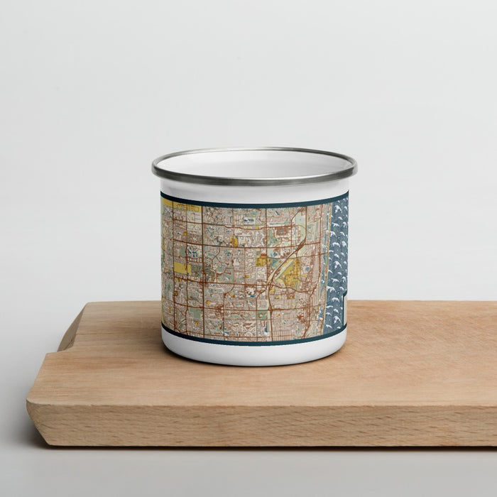 Front View Custom Boca Raton Florida Map Enamel Mug in Woodblock on Cutting Board