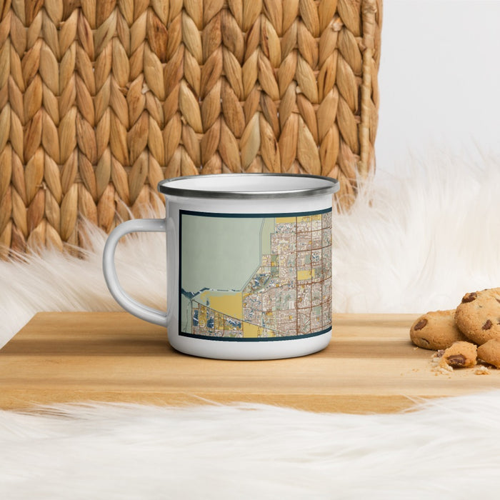 Left View Custom Boca Raton Florida Map Enamel Mug in Woodblock on Table Top
