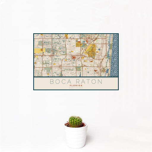 12x18 Boca Raton Florida Map Print Landscape Orientation in Woodblock Style With Small Cactus Plant in White Planter