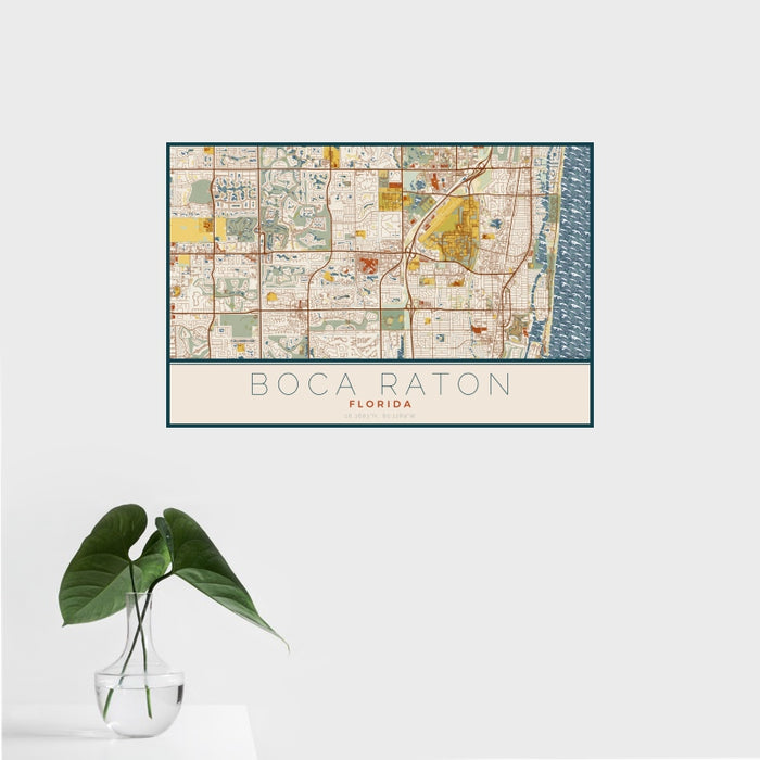16x24 Boca Raton Florida Map Print Landscape Orientation in Woodblock Style With Tropical Plant Leaves in Water
