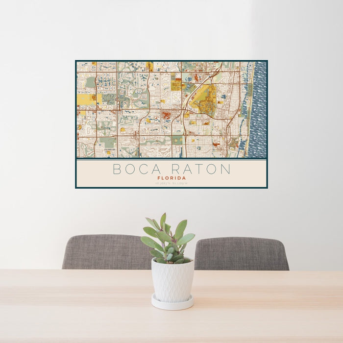 24x36 Boca Raton Florida Map Print Landscape Orientation in Woodblock Style Behind 2 Chairs Table and Potted Plant