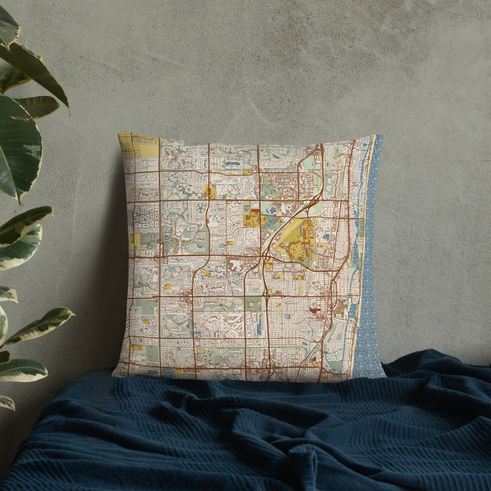 Custom Boca Raton Florida Map Throw Pillow in Woodblock on Bedding Against Wall