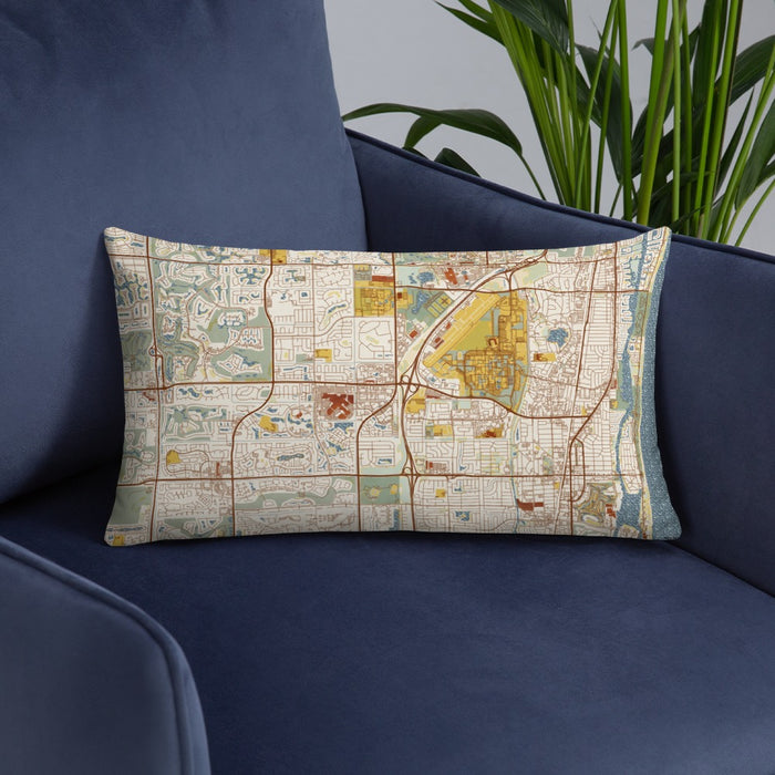Custom Boca Raton Florida Map Throw Pillow in Woodblock on Blue Colored Chair