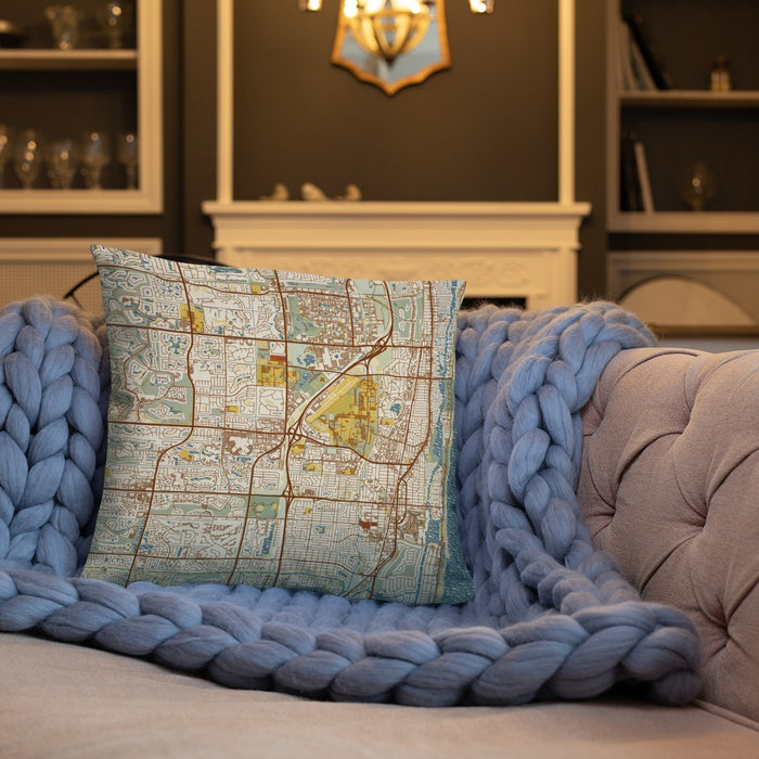 Custom Boca Raton Florida Map Throw Pillow in Woodblock on Cream Colored Couch
