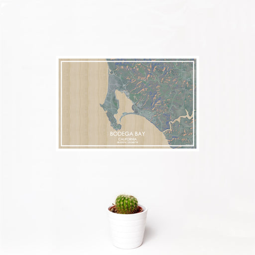 12x18 Bodega Bay California Map Print Landscape Orientation in Afternoon Style With Small Cactus Plant in White Planter