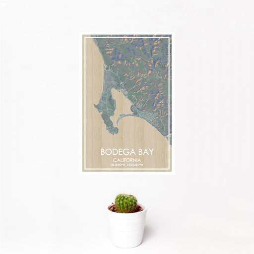 12x18 Bodega Bay California Map Print Portrait Orientation in Afternoon Style With Small Cactus Plant in White Planter