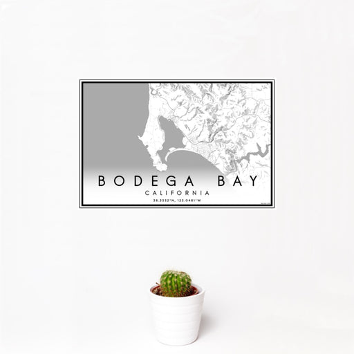 12x18 Bodega Bay California Map Print Landscape Orientation in Classic Style With Small Cactus Plant in White Planter