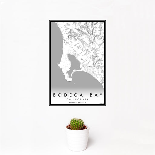 12x18 Bodega Bay California Map Print Portrait Orientation in Classic Style With Small Cactus Plant in White Planter