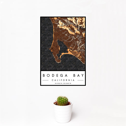 12x18 Bodega Bay California Map Print Portrait Orientation in Ember Style With Small Cactus Plant in White Planter
