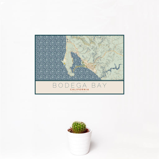 12x18 Bodega Bay California Map Print Landscape Orientation in Woodblock Style With Small Cactus Plant in White Planter