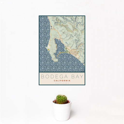 12x18 Bodega Bay California Map Print Portrait Orientation in Woodblock Style With Small Cactus Plant in White Planter