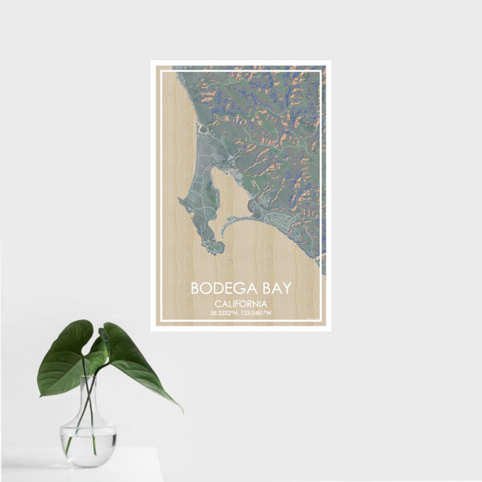 16x24 Bodega Bay California Map Print Portrait Orientation in Afternoon Style With Tropical Plant Leaves in Water